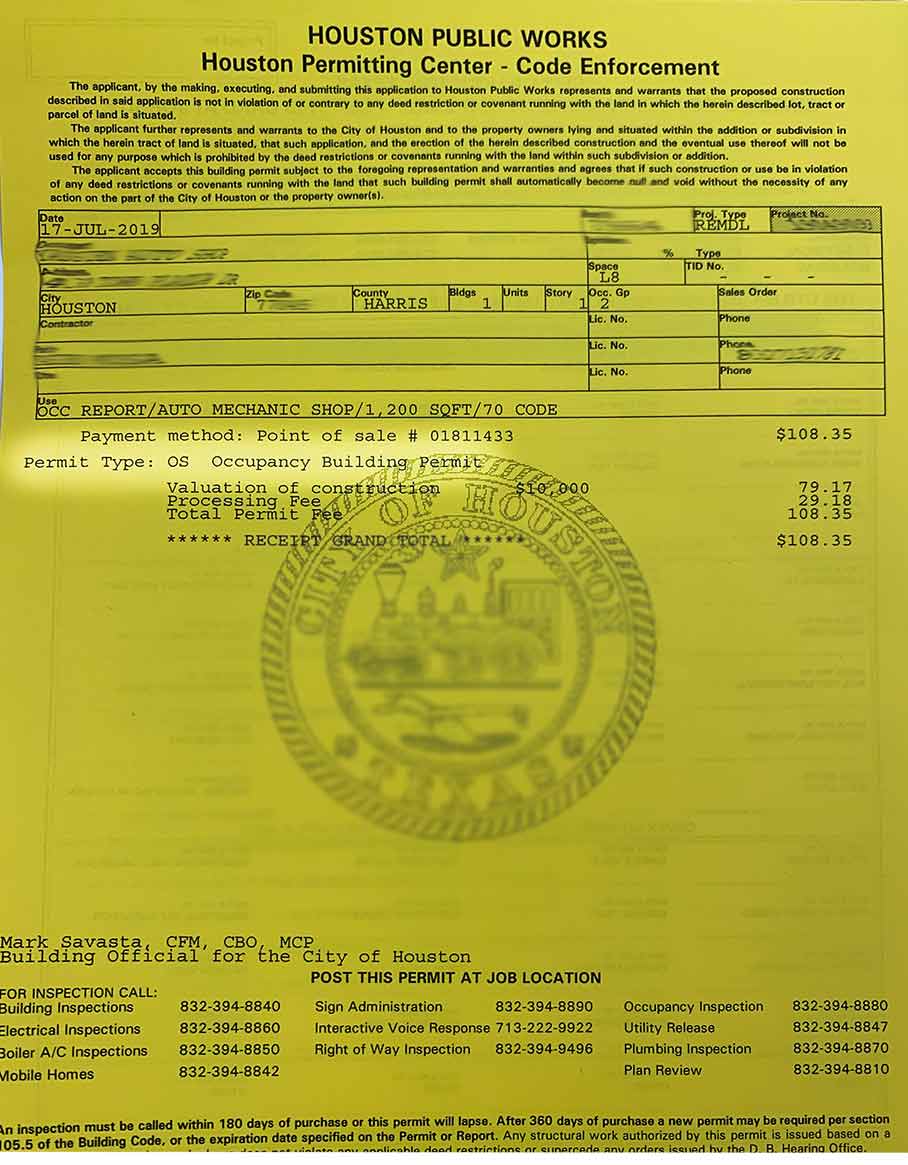A certificate of Occupancy from the city of Houston